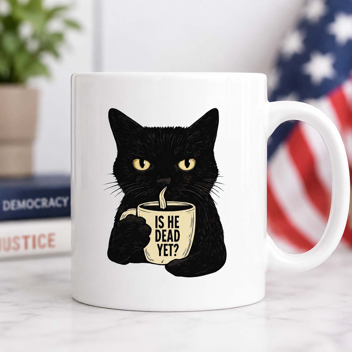 Is He Dead Yet Black Cat Mug